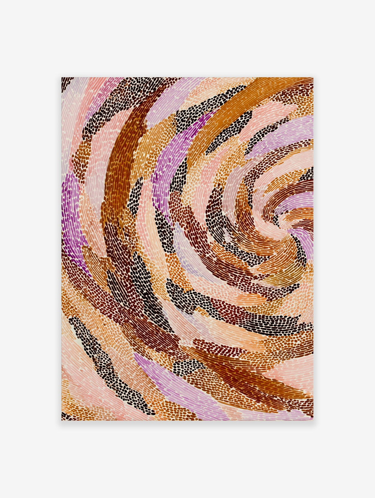 Abstract art print with swirling bands of brown, orange, pink, and purple dots on a light background