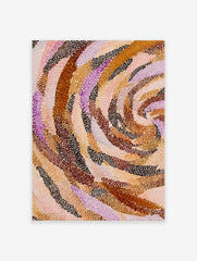 Abstract art print with swirling bands of brown, orange, pink, and purple dots on a light background