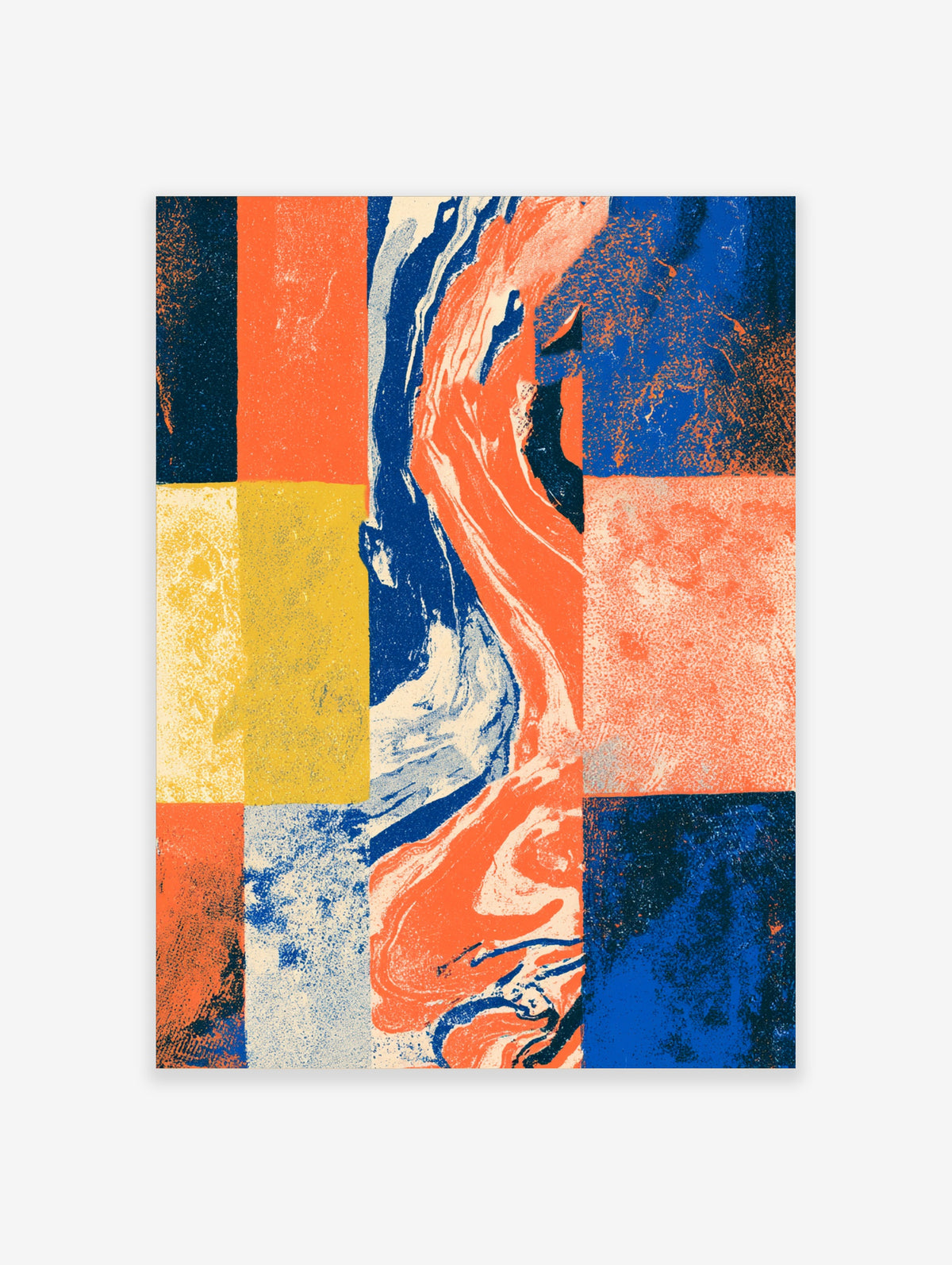 Abstract poster with blue, orange and yellow marbled swirls and block colour panels