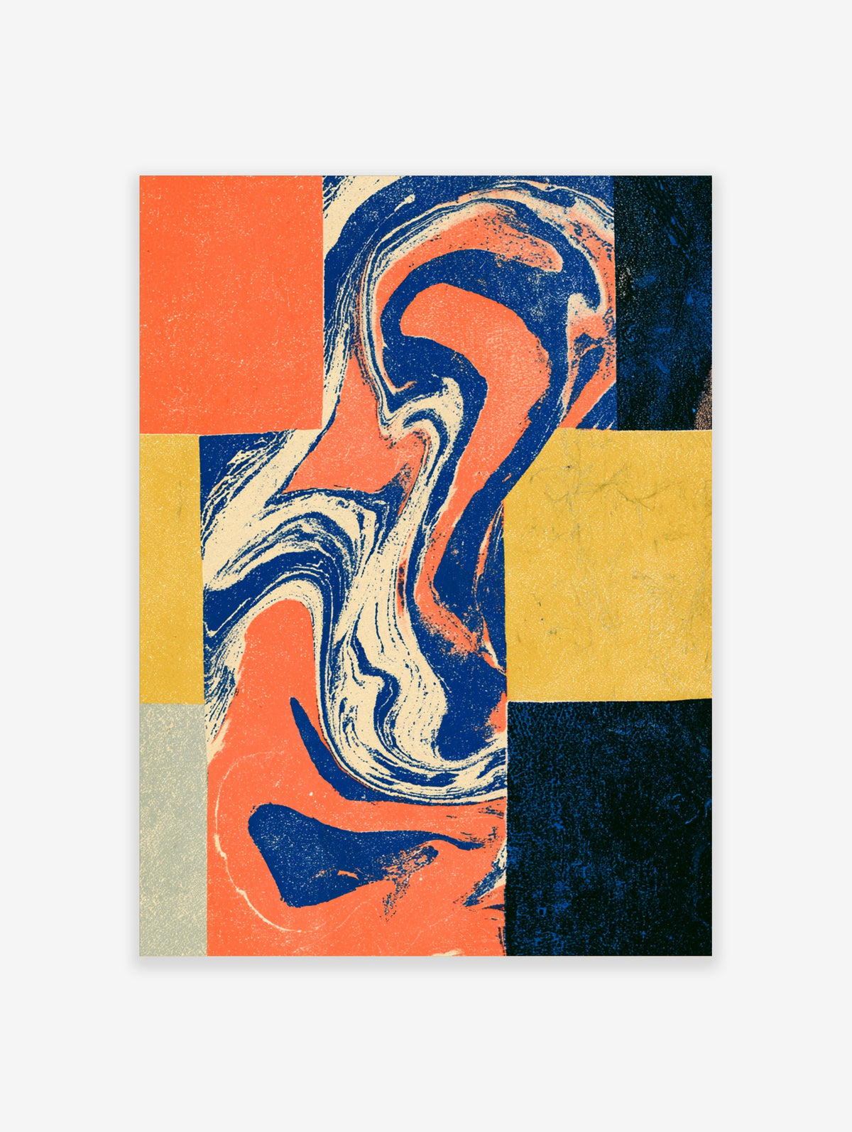 Abstract marbled swirl in blue, orange, and cream over a colour-block grid of yellow and grey rectangles