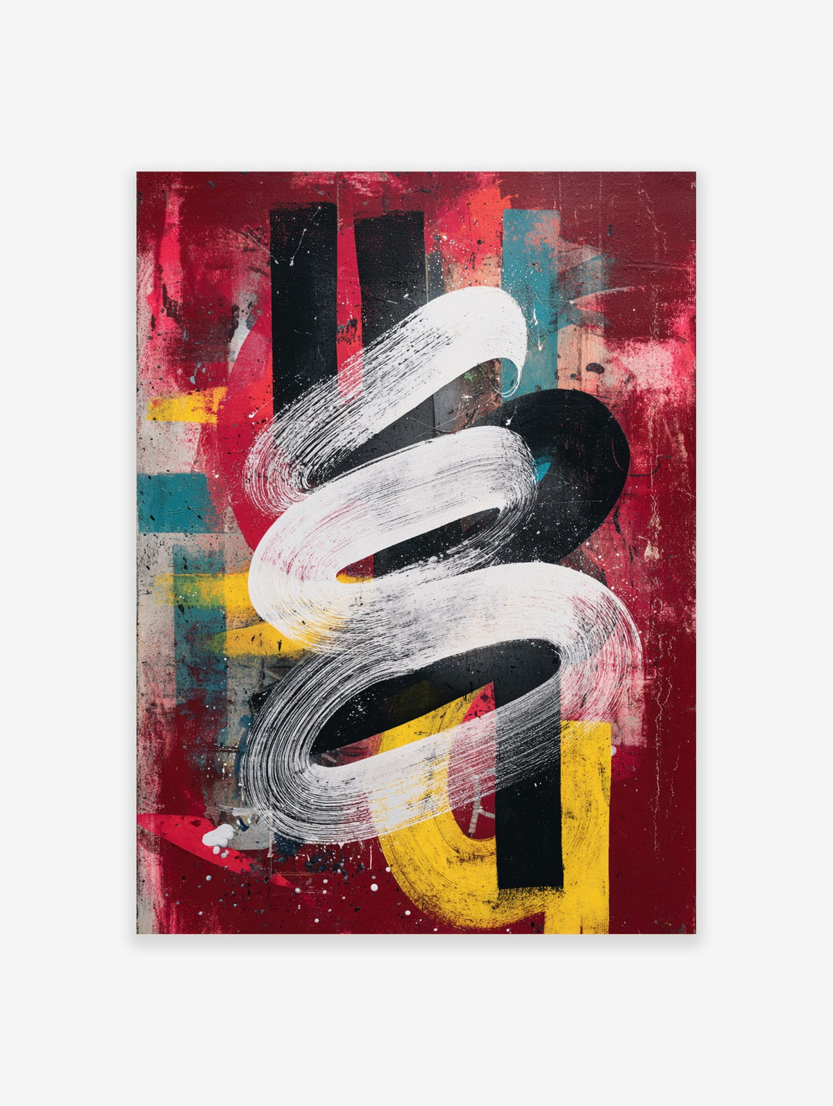 Abstract art print with a swirling white brushstroke over distressed red, black, yellow, and teal layers