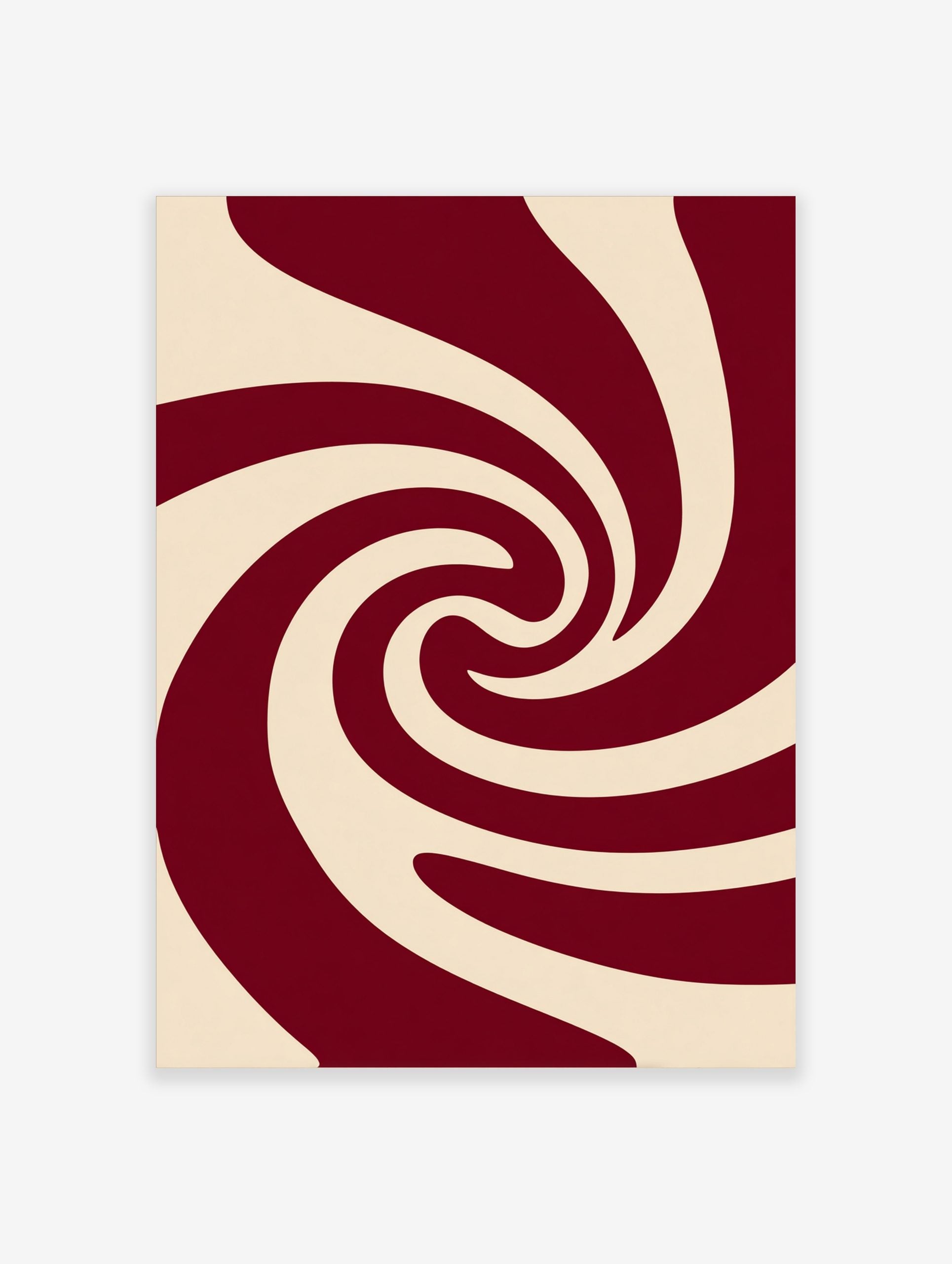 Abstract swirling pattern wall art in deep red and cream, with smooth, curved lines creating a central vortex