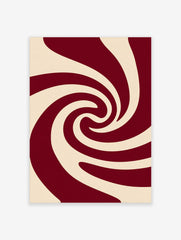 Abstract swirling pattern wall art in deep red and cream, with smooth, curved lines creating a central vortex