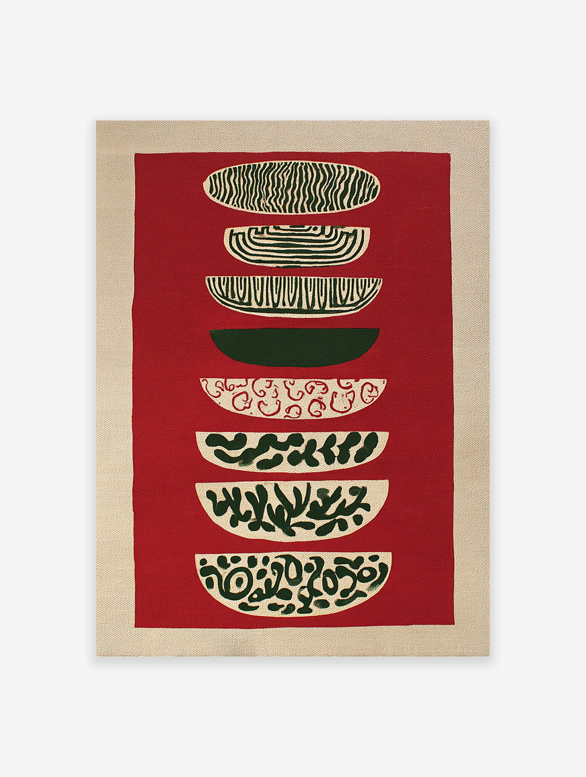 Abstract tapestry wall hanging with stacked red, green, and beige patterned shapes on a textured background.