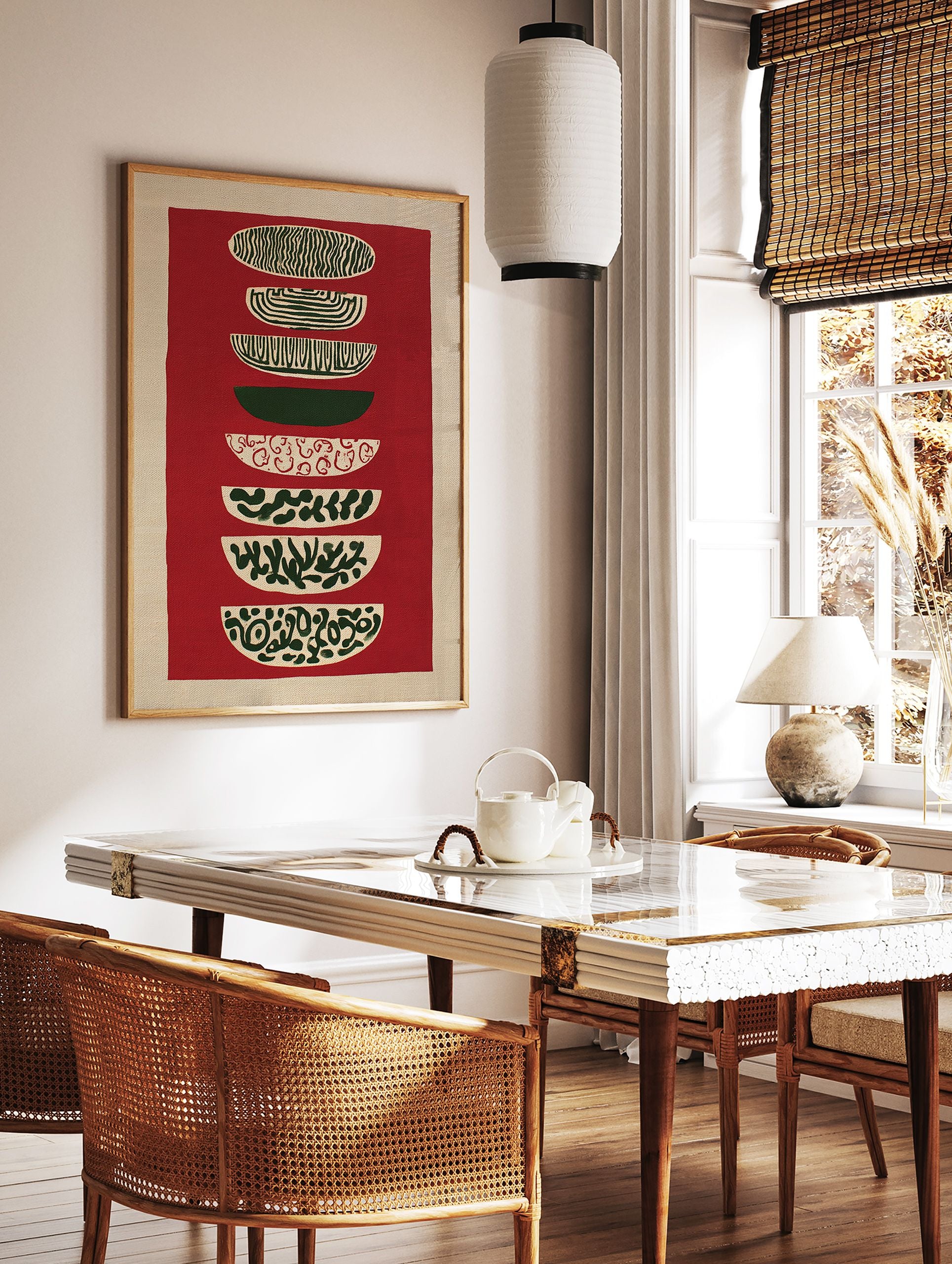 Abstract tapestry wall hanging with stacked red, green, and beige patterned shapes on a textured background. - Image 2