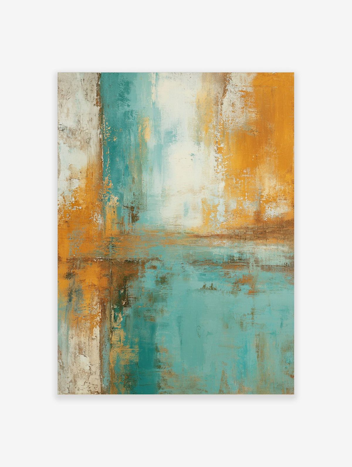 Abstract art print with textured teal, golden yellow, and white colour blocks in a vertical orientation