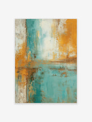 Abstract art print with textured teal, golden yellow, and white colour blocks in a vertical orientation