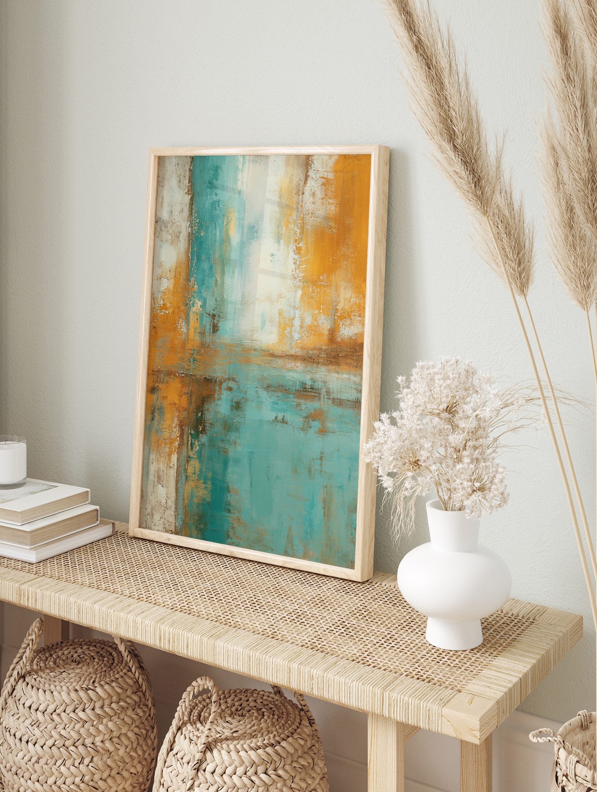 Abstract art print with textured teal, golden yellow, and white colour blocks in a vertical, in an alternate framed mockup