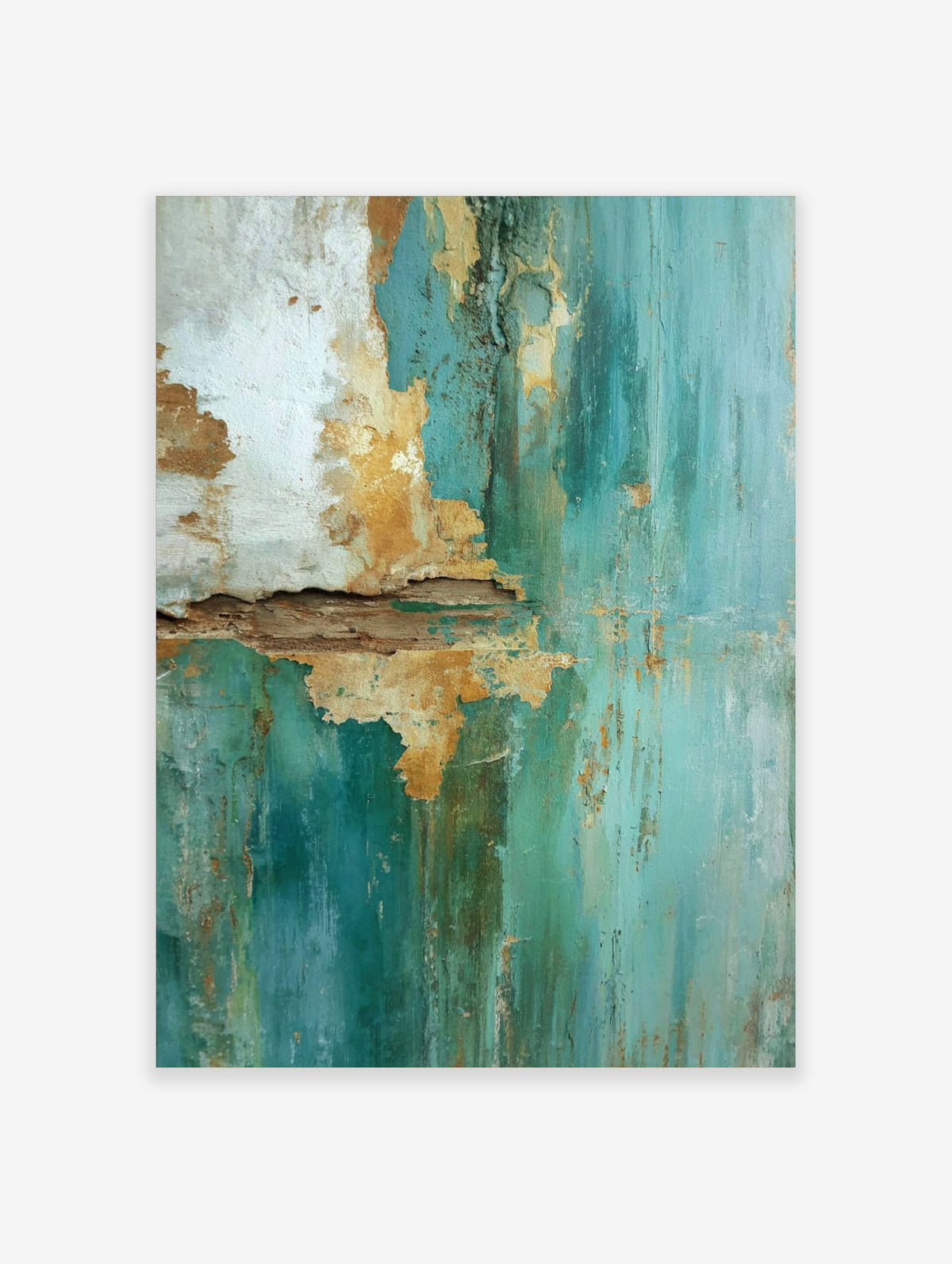 Close-up of peeling teal and gold paint on a textured wall surface with cracks and rough edges