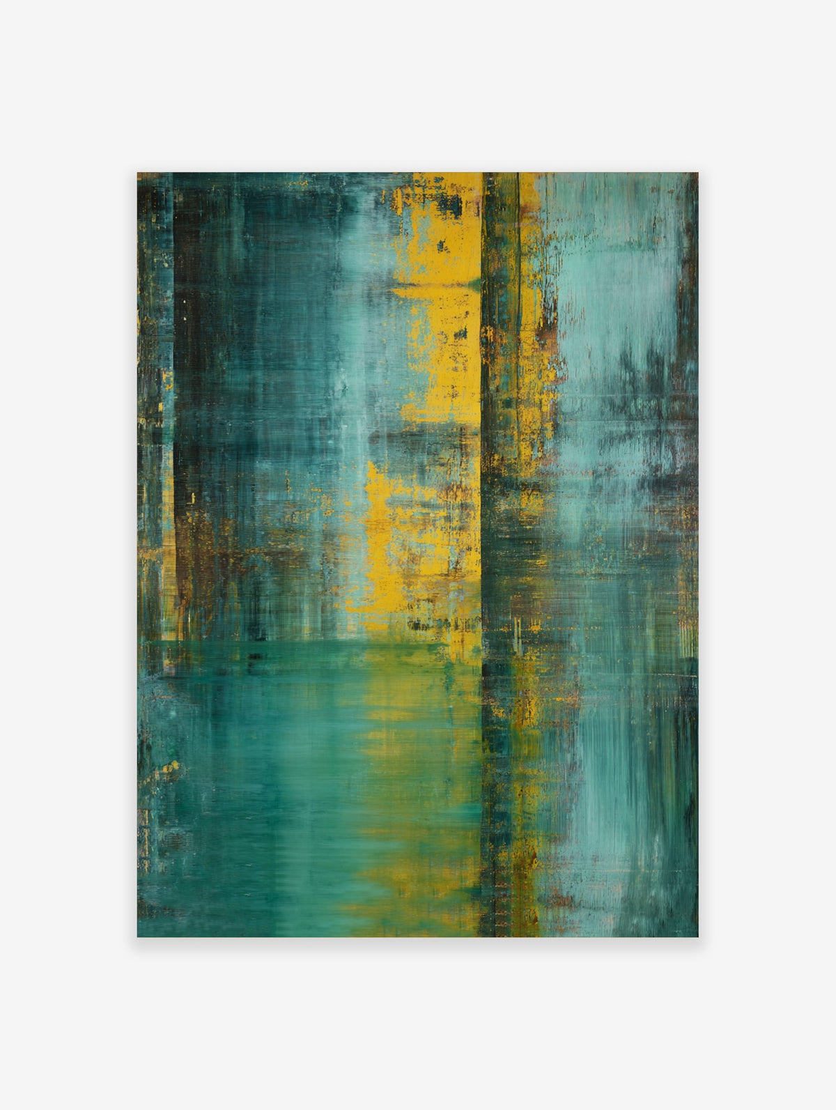 Abstract wall art with vertical and horizontal strokes in teal, aqua, and distressed gold with a textured appearance