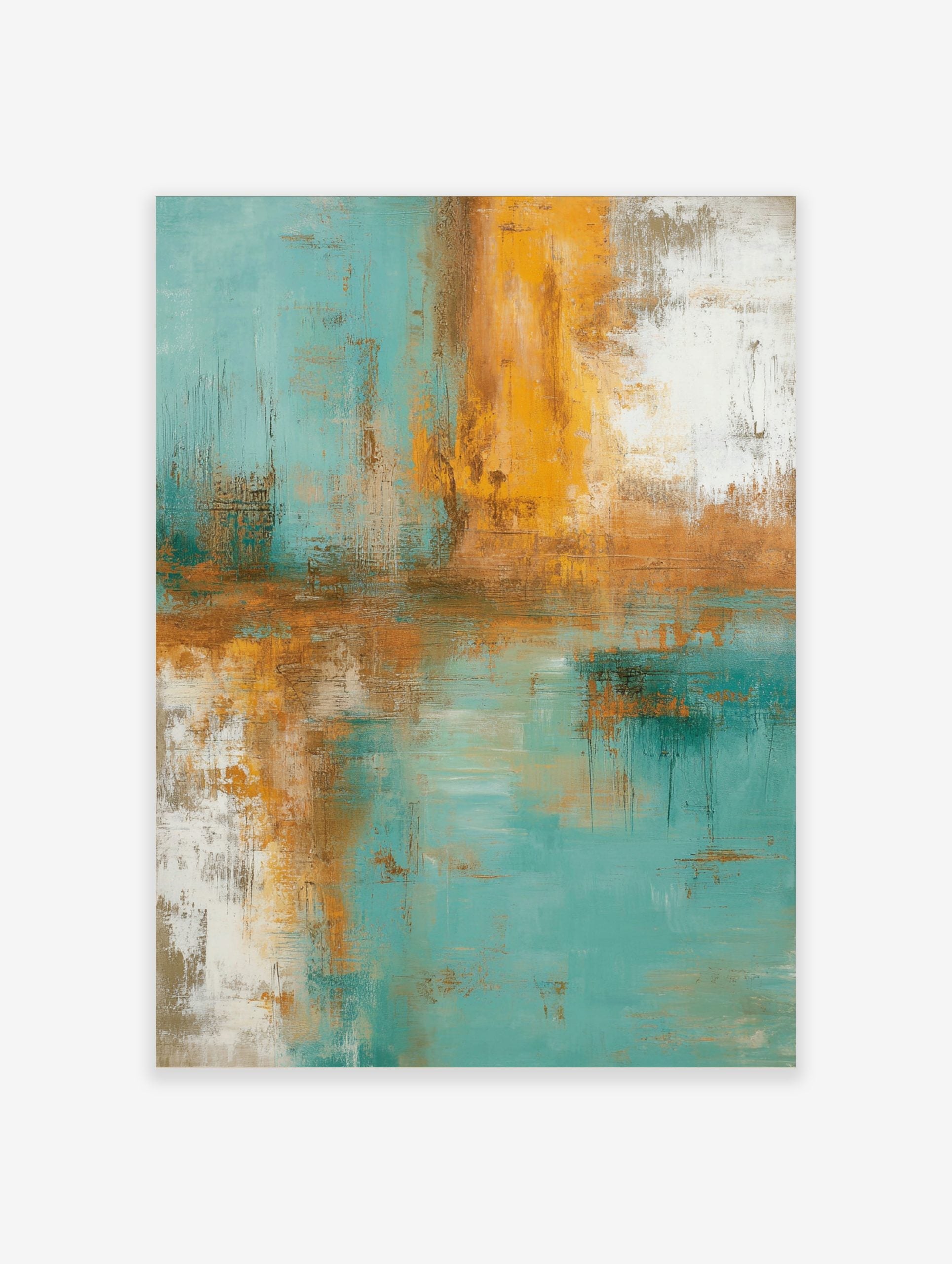 Abstract painting with textured vertical and horizontal strokes in teal, golden yellow, and white