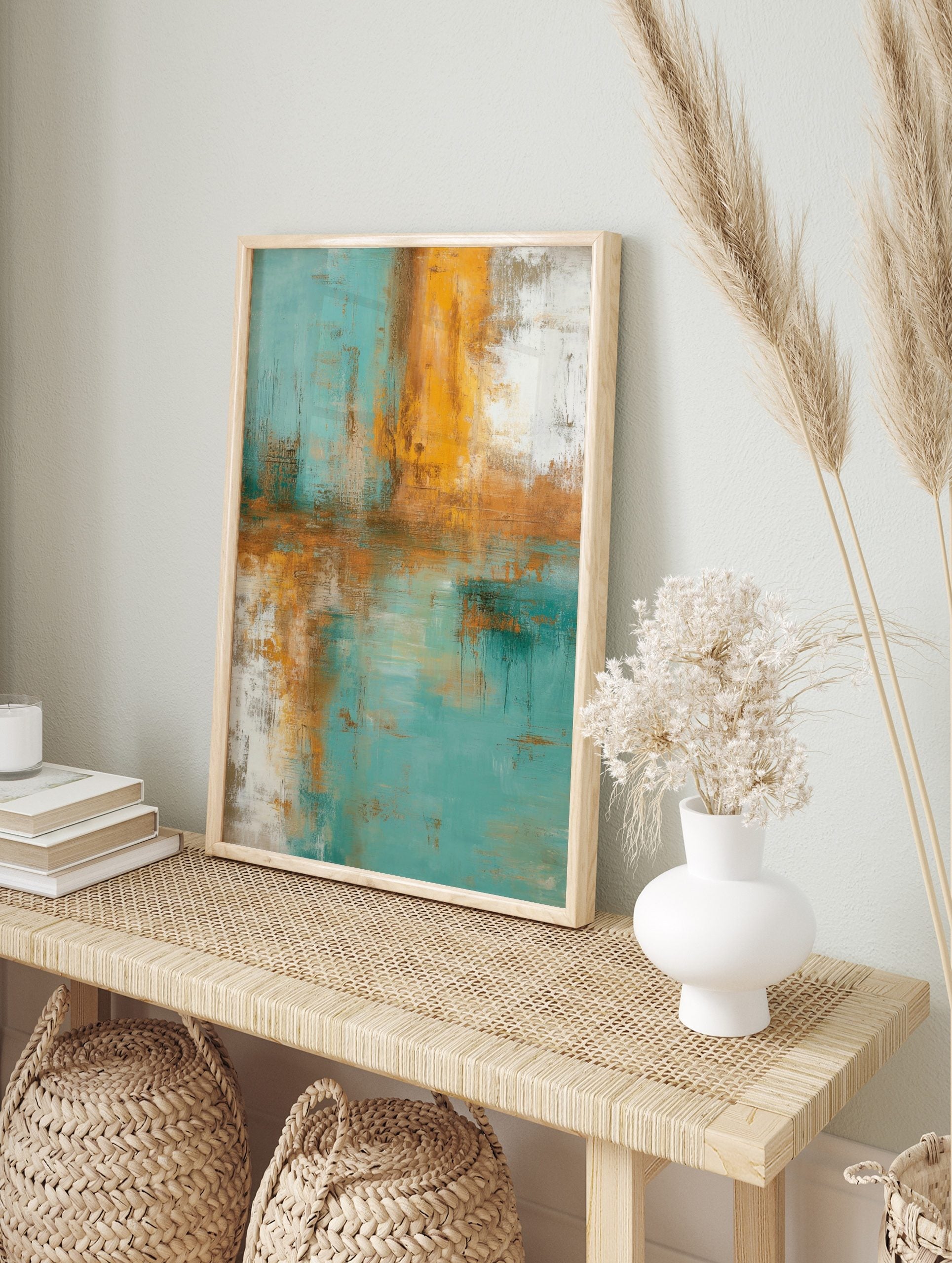 Abstract painting with textured vertical and horizontal strokes in teal, golden yellow, and, in an alternate framed mockup