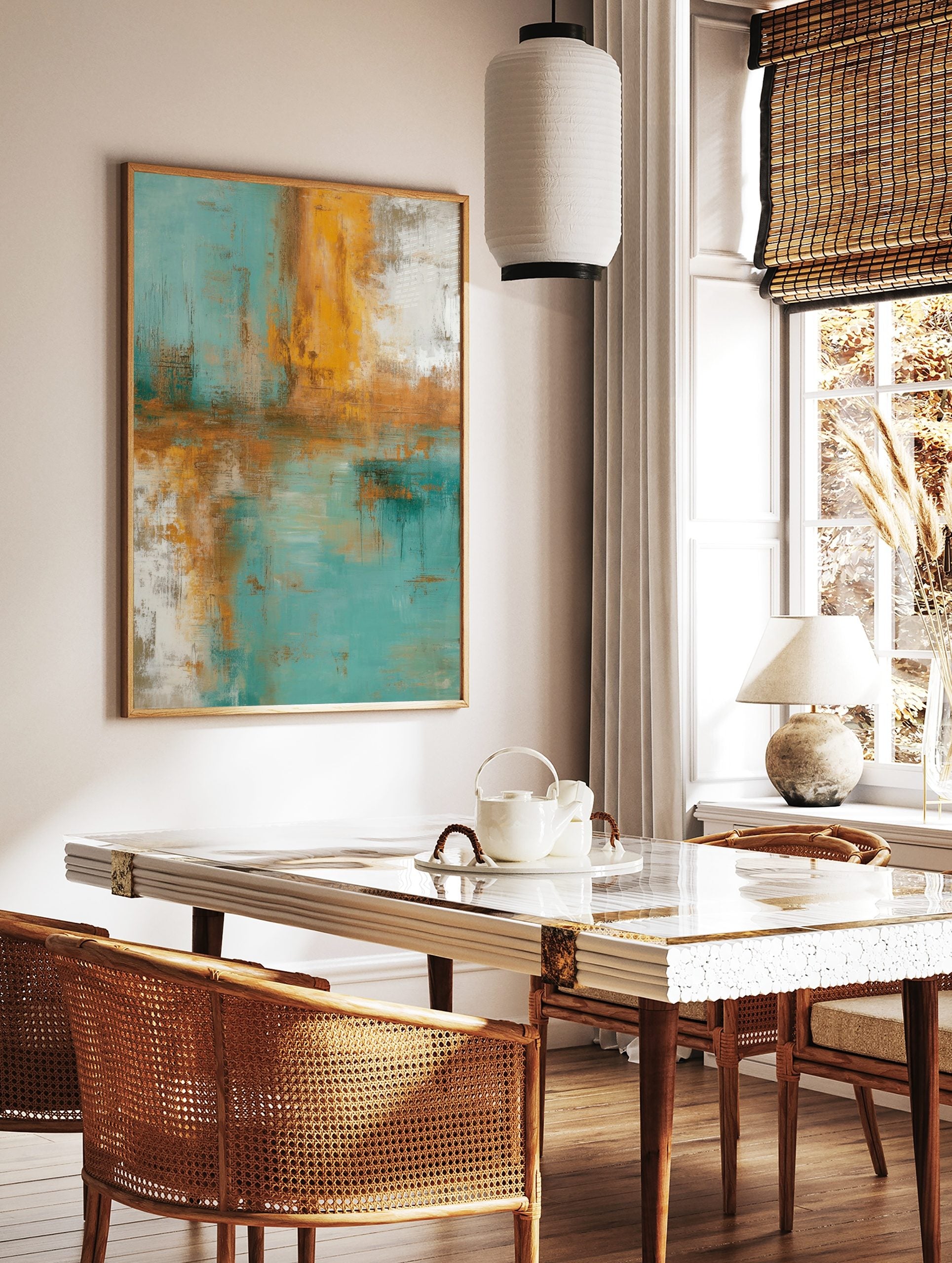 Abstract painting with textured vertical and horizontal strokes in teal, golden yellow, and white, in a styled room mockup