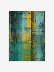 Abstract art print with rich teal and vibrant gold layered textures, featuring vertical and horizontal distressed strokes