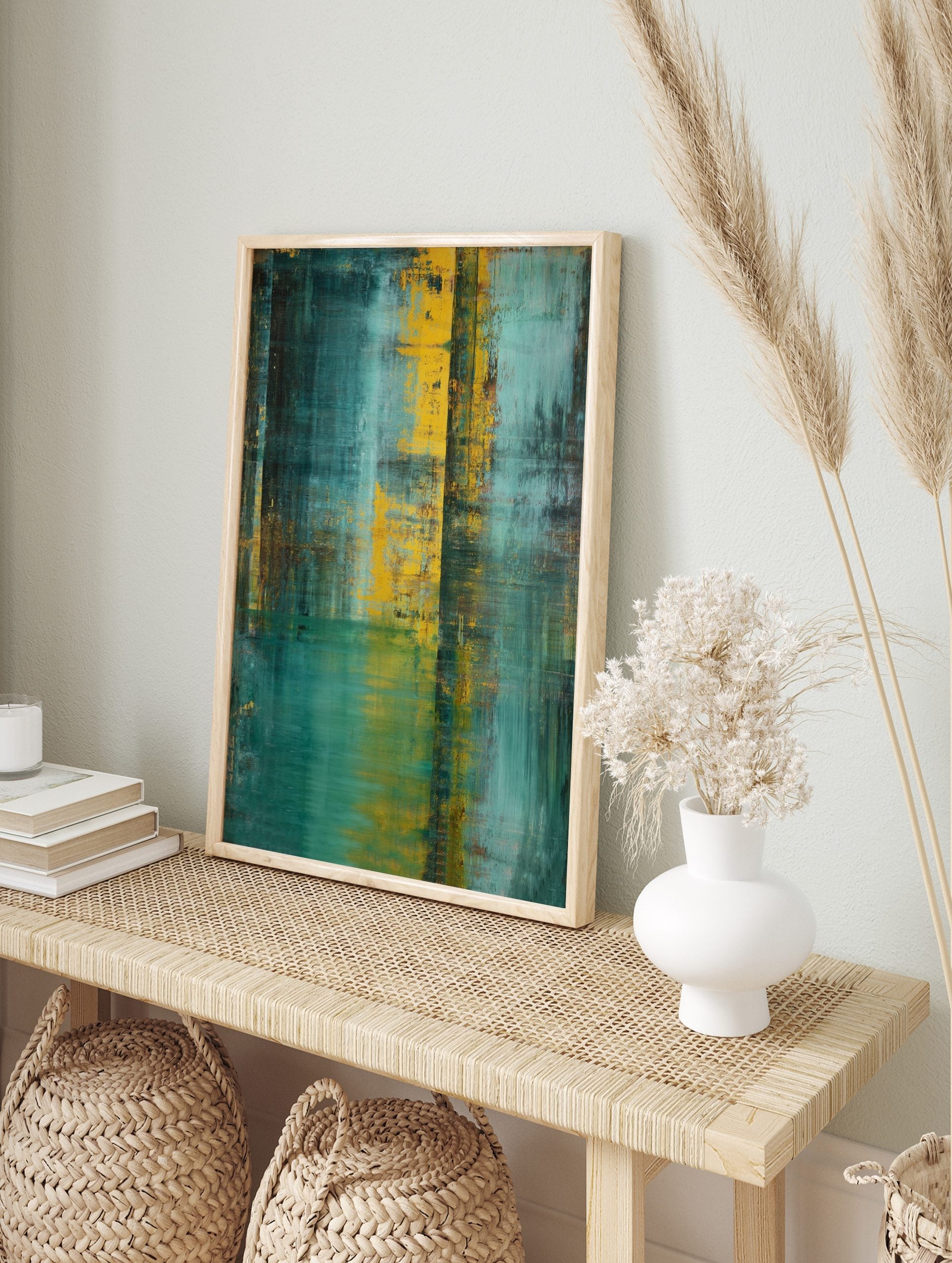 Abstract art print with rich teal and vibrant gold layered textures, featuring vertical and, in an alternate framed mockup