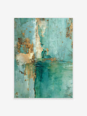 Abstract textured painting with teal, deep green, and gold distressed details, a modern art print