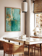 Abstract textured painting with teal, deep green, and gold distressed details, a modern art print, in a styled room mockup