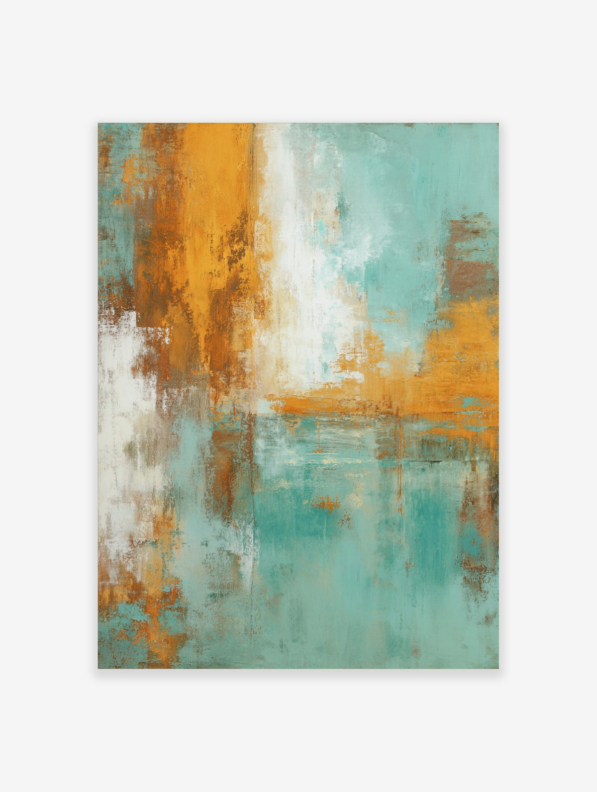 Abstract art print with distressed textures in teal, orange, white, and brown