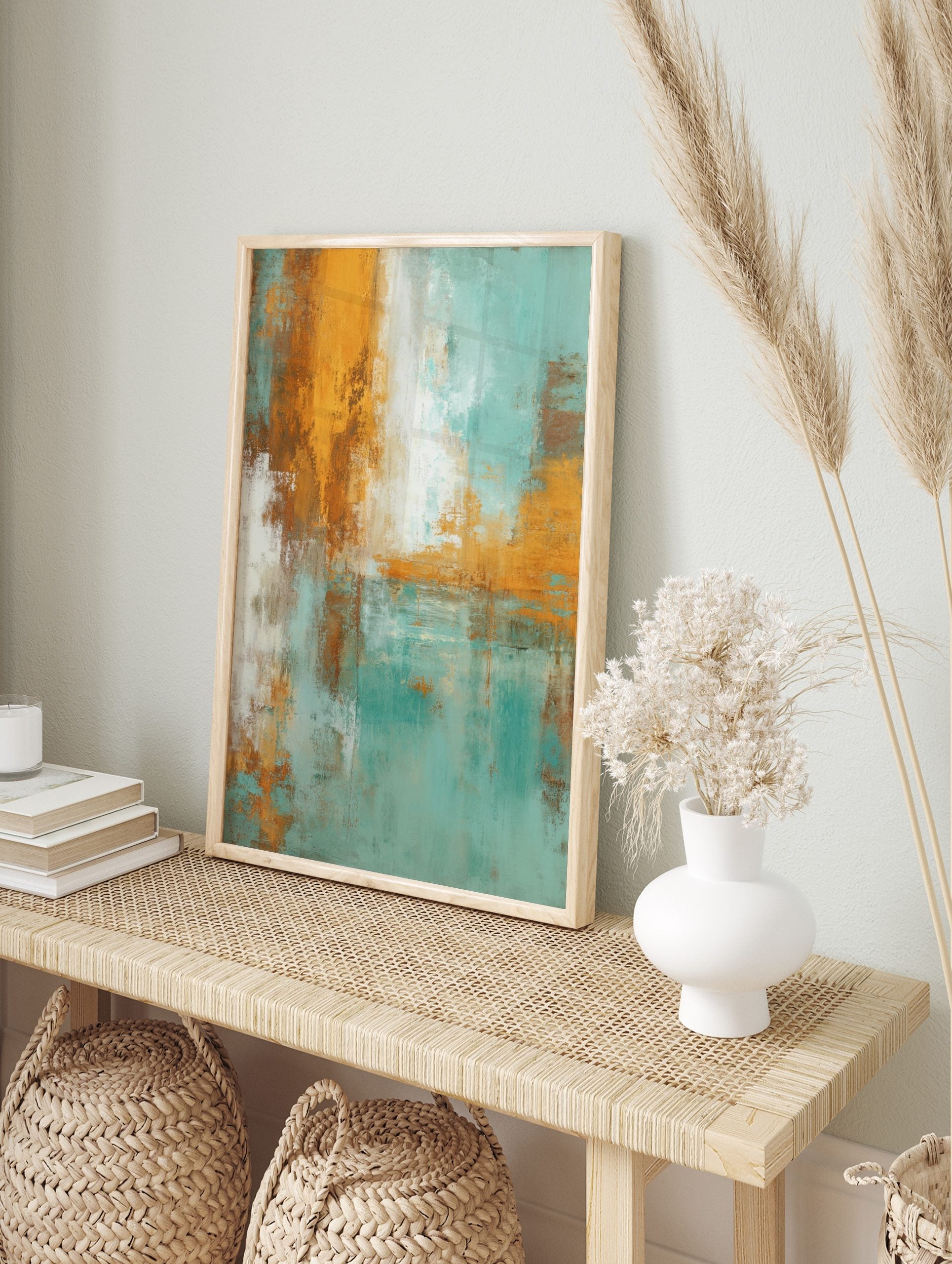 Abstract art print with distressed textures in teal, orange, white, and brown, in an alternate framed mockup