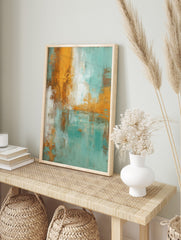 Abstract art print with distressed textures in teal, orange, white, and brown, in an alternate framed mockup