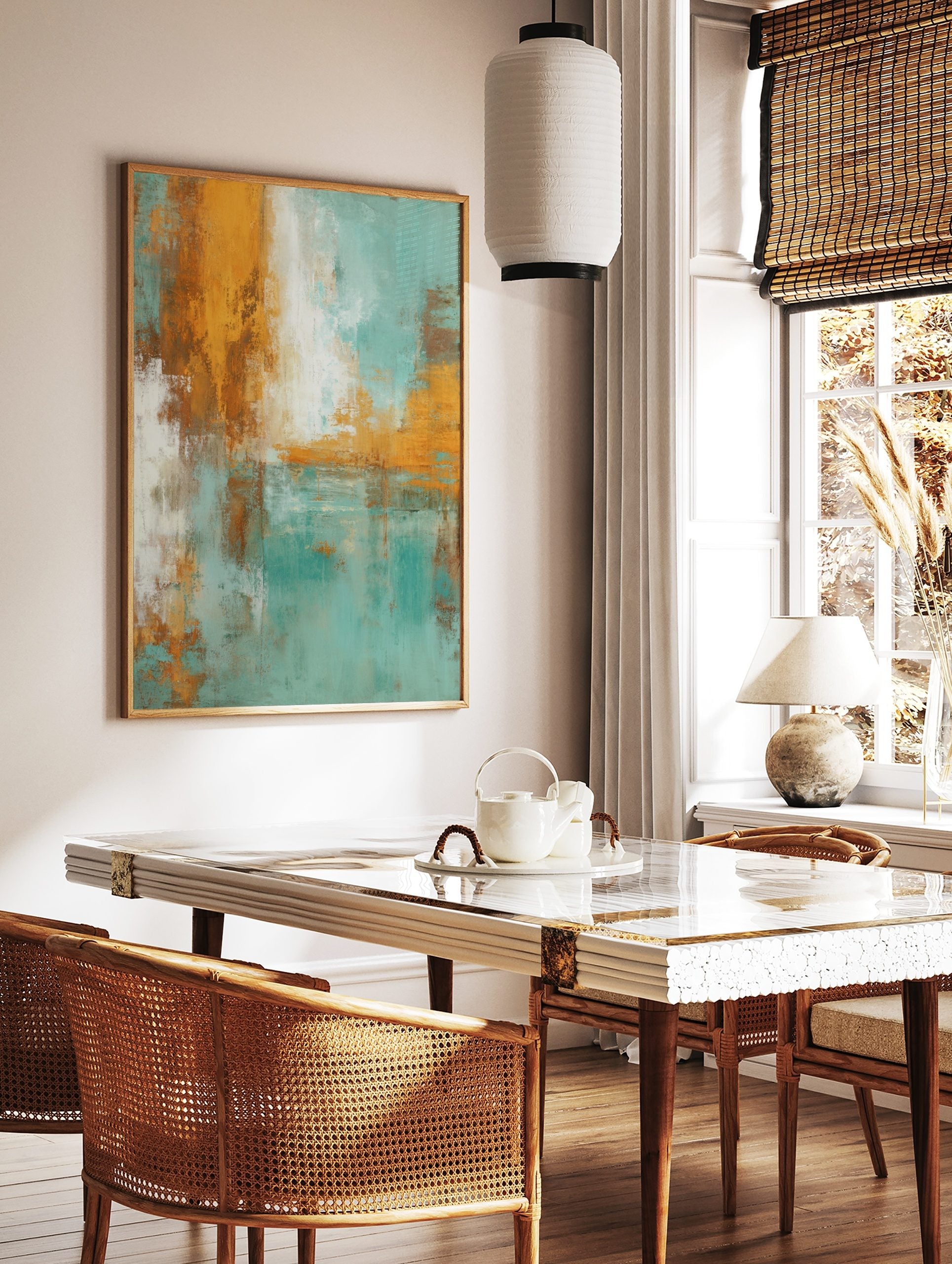 Abstract art print with distressed textures in teal, orange, white, and brown, in a styled room mockup