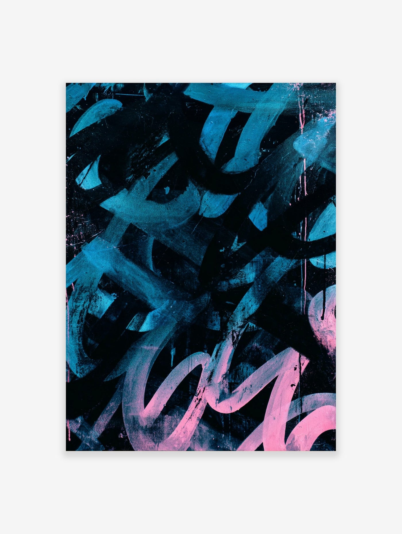 Abstract art print with bold teal and pink brushstrokes and splatters on a black background, in a graffiti style