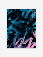 Abstract art print with bold teal and pink brushstrokes and splatters on a black background, in a graffiti style