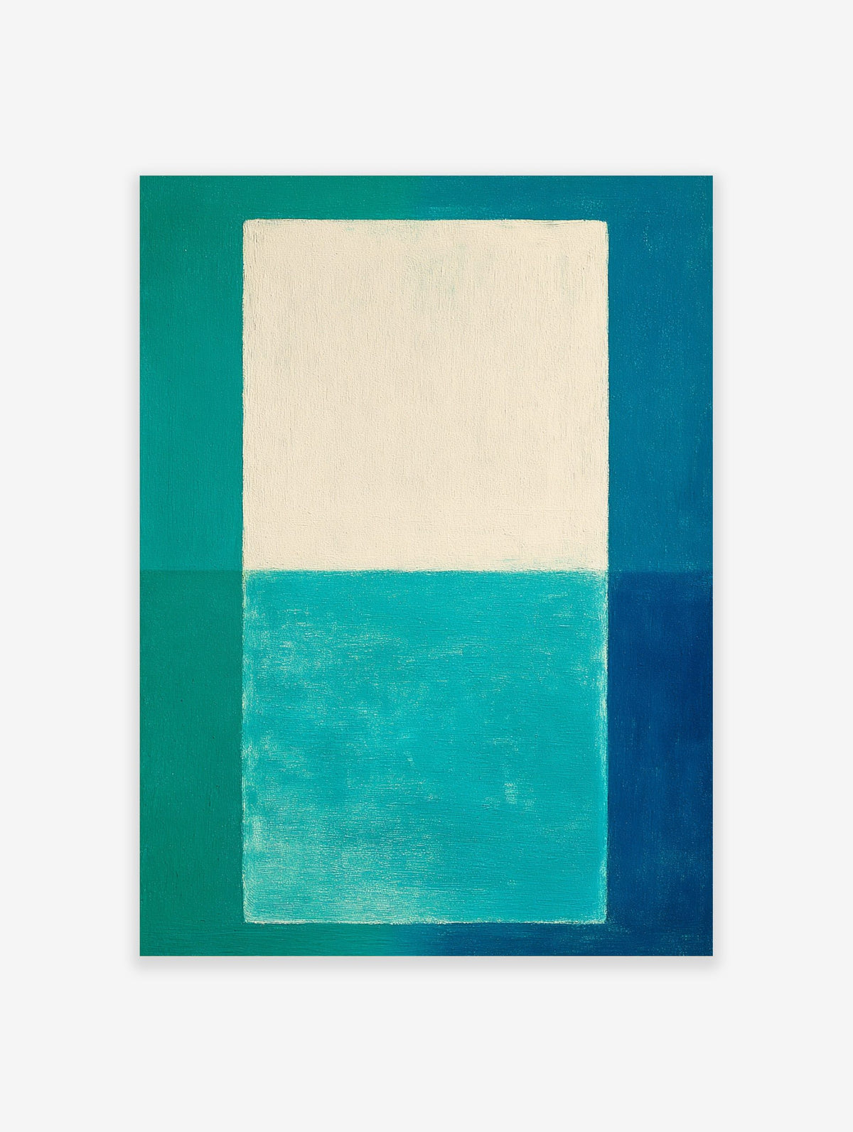 Abstract geometric art print with white and teal central block, framed by teal, turquoise, and blue sections