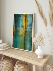 Abstract textured wall art in deep teal, bright yellow, and green with vertical and, in an alternate framed mockup