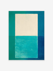 Abstract geometric wall art with a central off-white rectangle over teal, deep blue, and green colour blocks