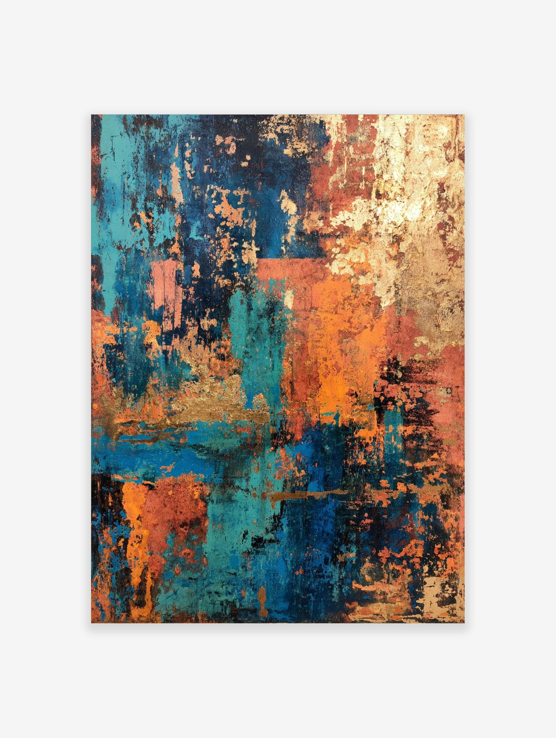 Abstract art print with distressed textures in teal, blue, orange, and gold, layered in a vertical composition
