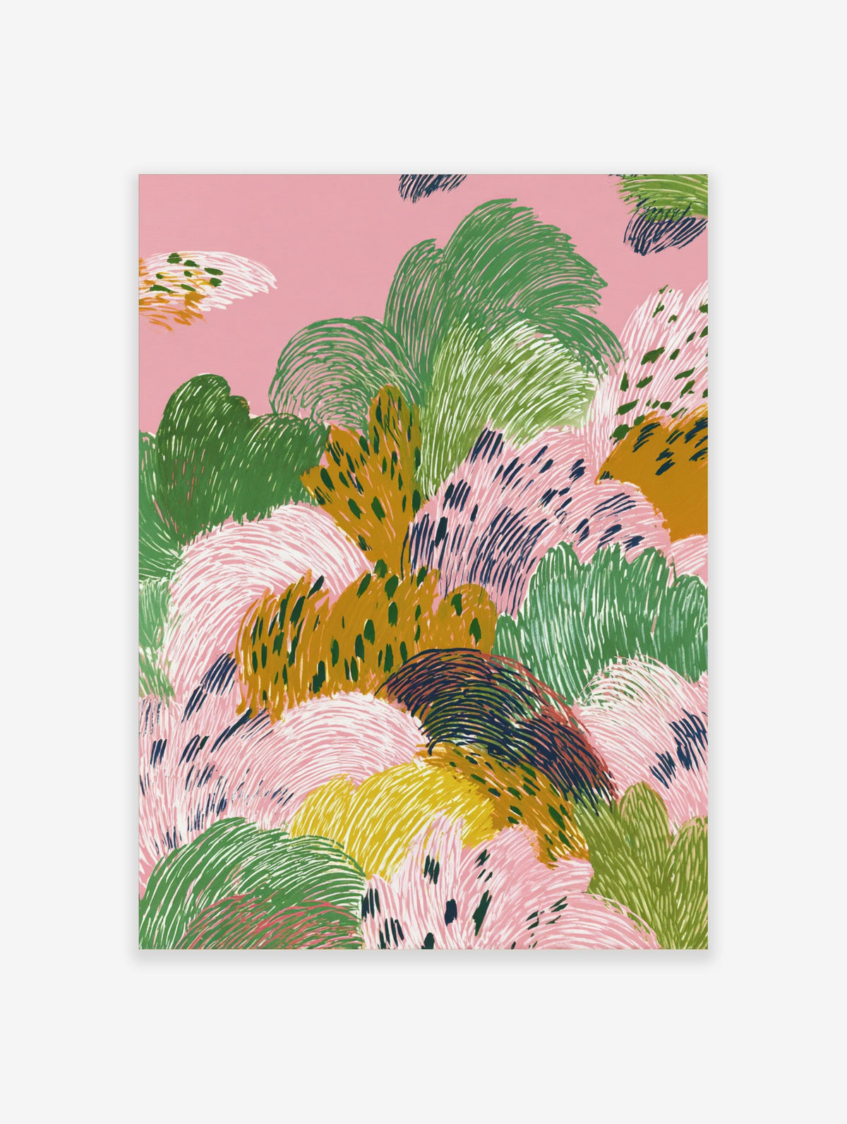 Abstract landscape art print with textured organic shapes in pink, green, and mustard yellow
