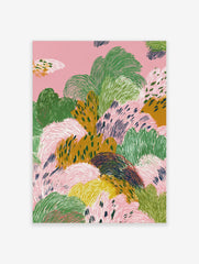 Abstract landscape art print with textured organic shapes in pink, green, and mustard yellow