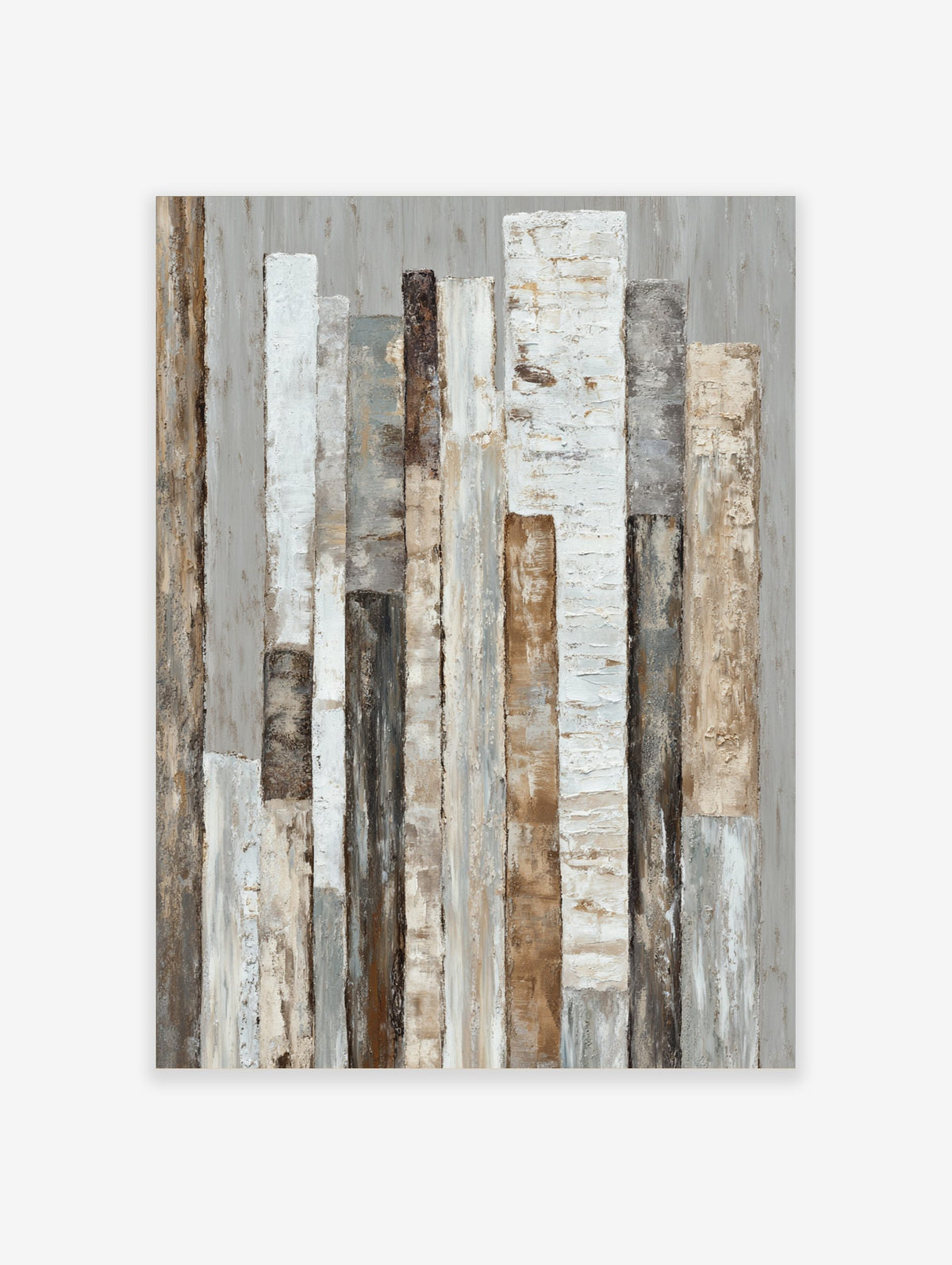 Abstract textured wall art with vertical strips in white, beige, brown, and grey tones on a light grey background