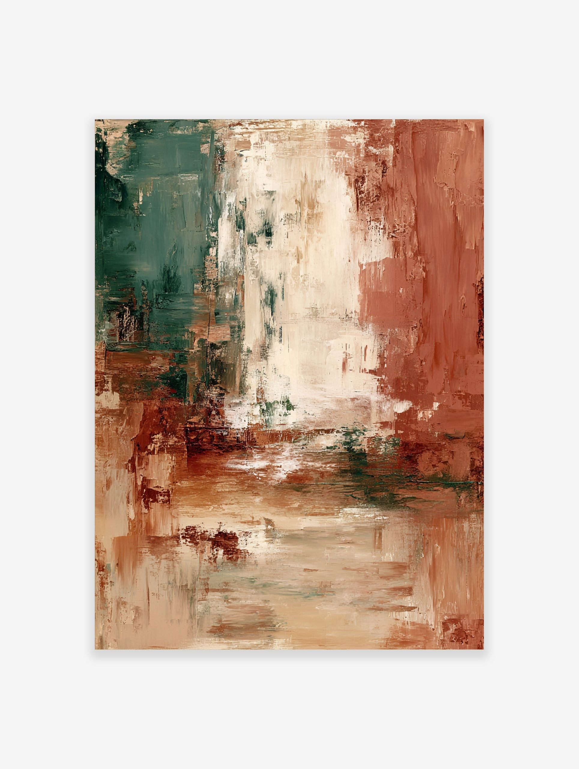 Abstract textured wall art with vertical blocks of deep green, terracotta, and creamy beige colours
