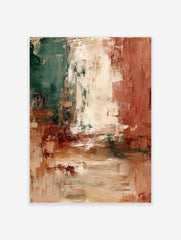 Abstract textured wall art with vertical blocks of deep green, terracotta, and creamy beige colours