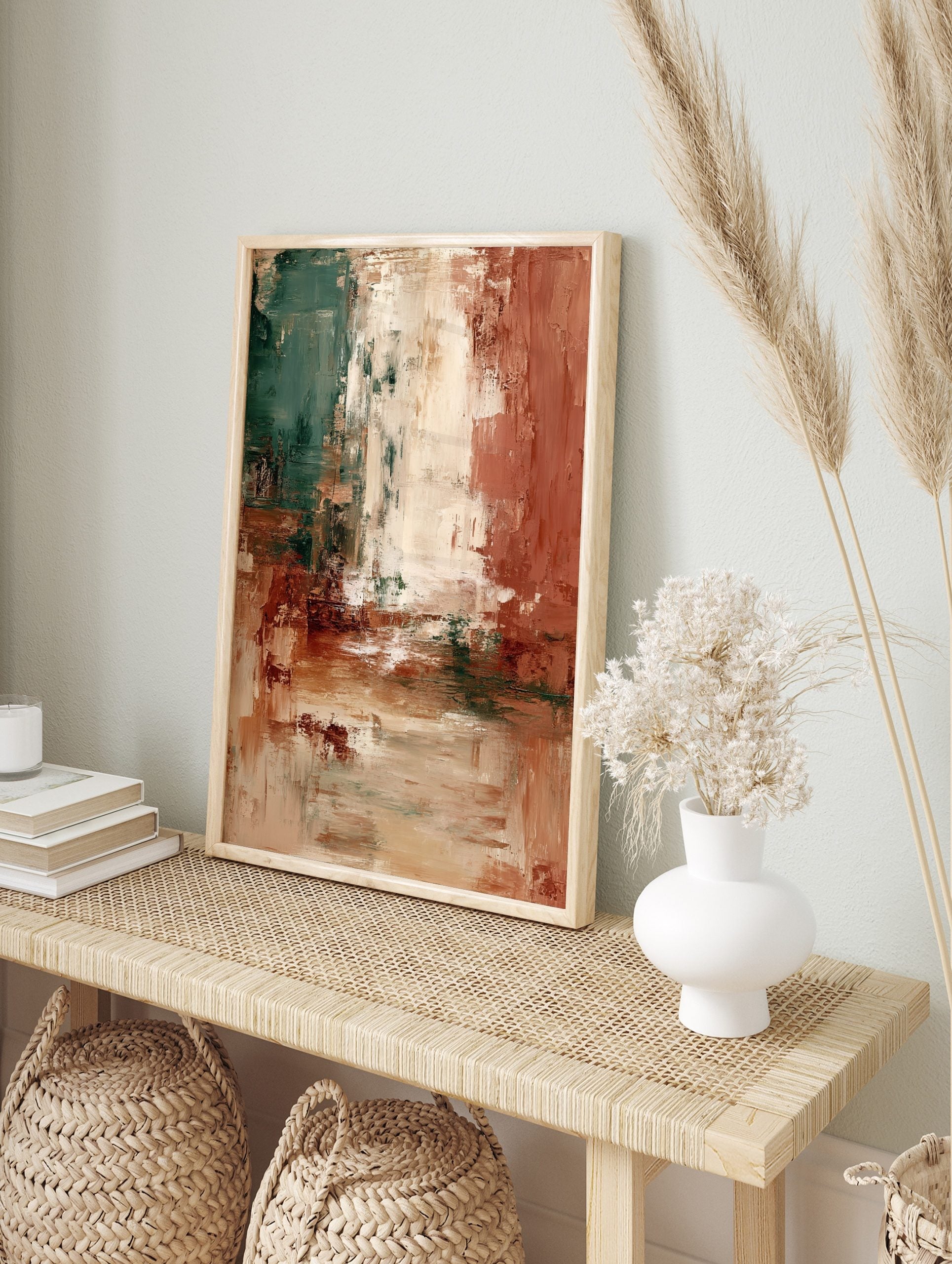 Abstract textured wall art with vertical blocks of deep green, terracotta, and creamy beige, in an alternate framed mockup