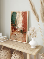 Abstract textured wall art with vertical blocks of deep green, terracotta, and creamy beige, in an alternate framed mockup