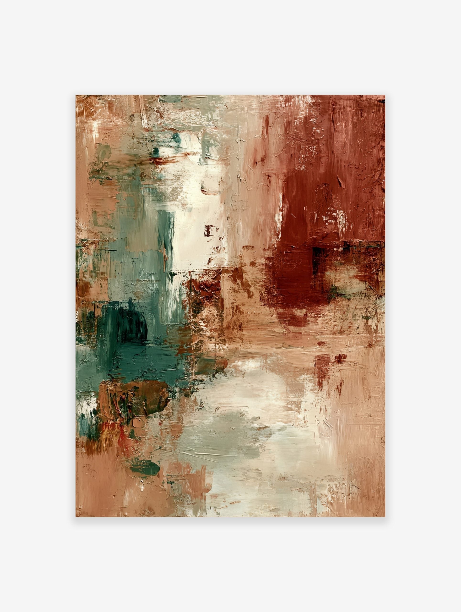 Abstract textured wall art with earthy beige, deep terracotta, and muted teal brushstrokes in vertical composition