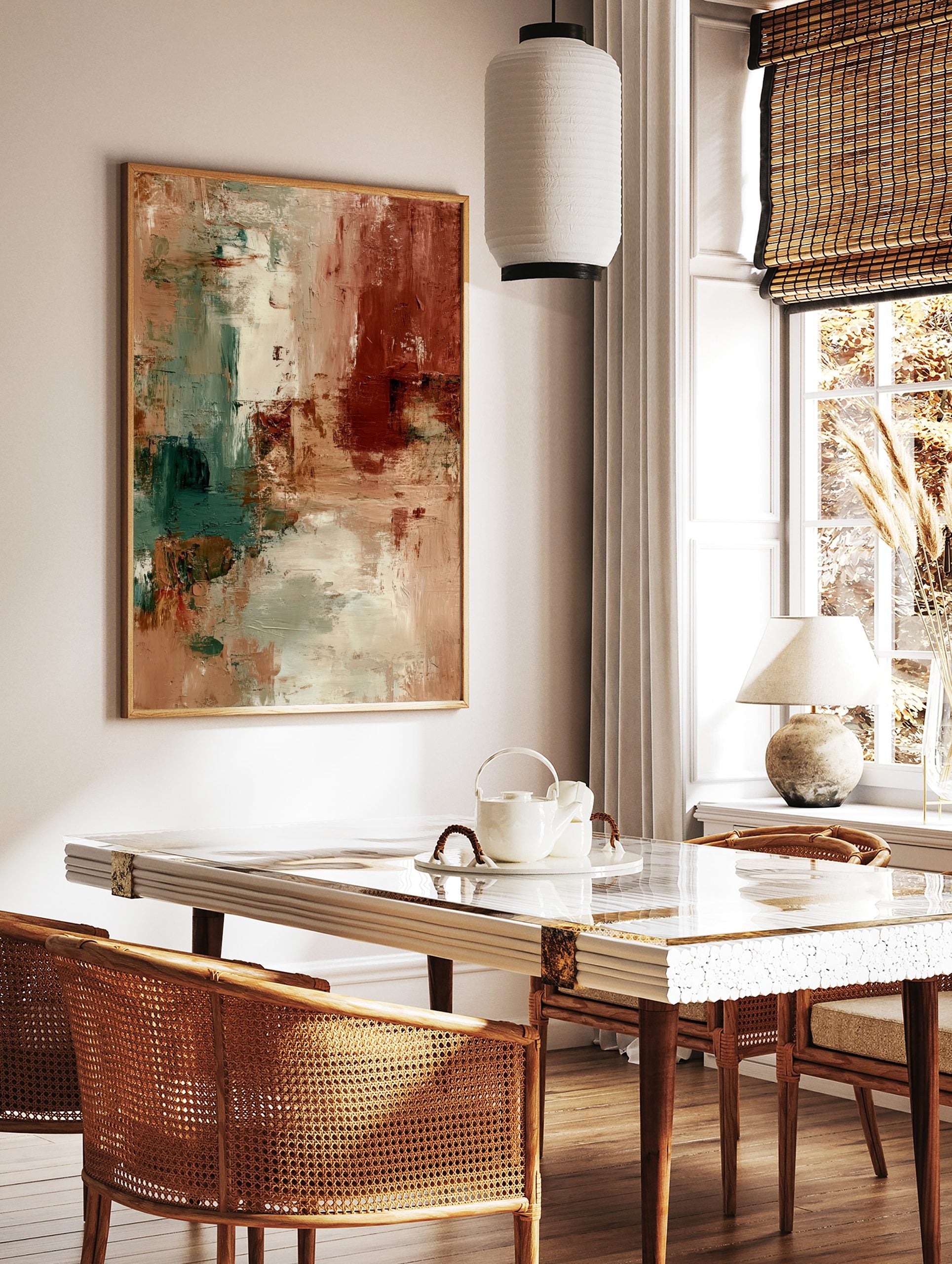 Abstract textured wall art with earthy beige, deep terracotta, and muted teal brushstrokes in, in a styled room mockup