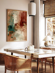 Abstract textured wall art with earthy beige, deep terracotta, and muted teal brushstrokes in, in a styled room mockup