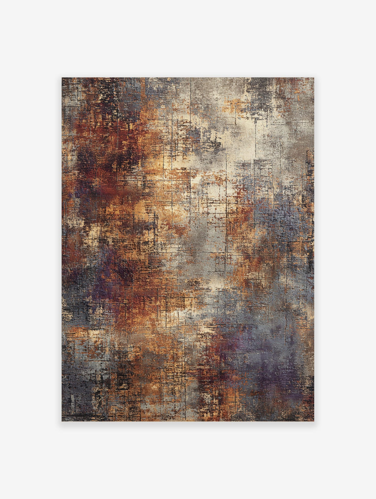 Abstract textured wall art print with rusty orange, grey, and cream tones and dark linear details