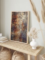 Abstract textured wall art print with rusty orange, grey, and cream tones and dark linear, in an alternate framed mockup