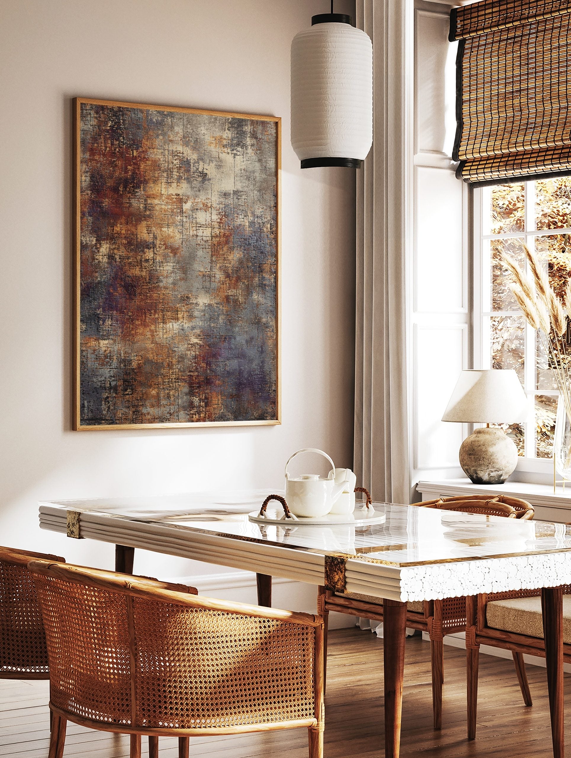 Abstract textured wall art print with rusty orange, grey, and cream tones and dark linear details, in a styled room mockup