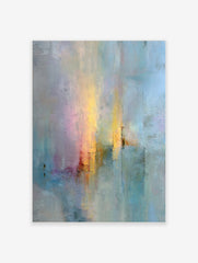 Abstract textured wall art with vertical yellow, orange, pink, blue, and grey streaks on paper