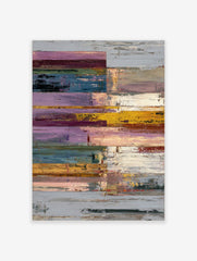 Textured abstract wall art print with horizontal blocks in purple, yellow, blue, green, and white