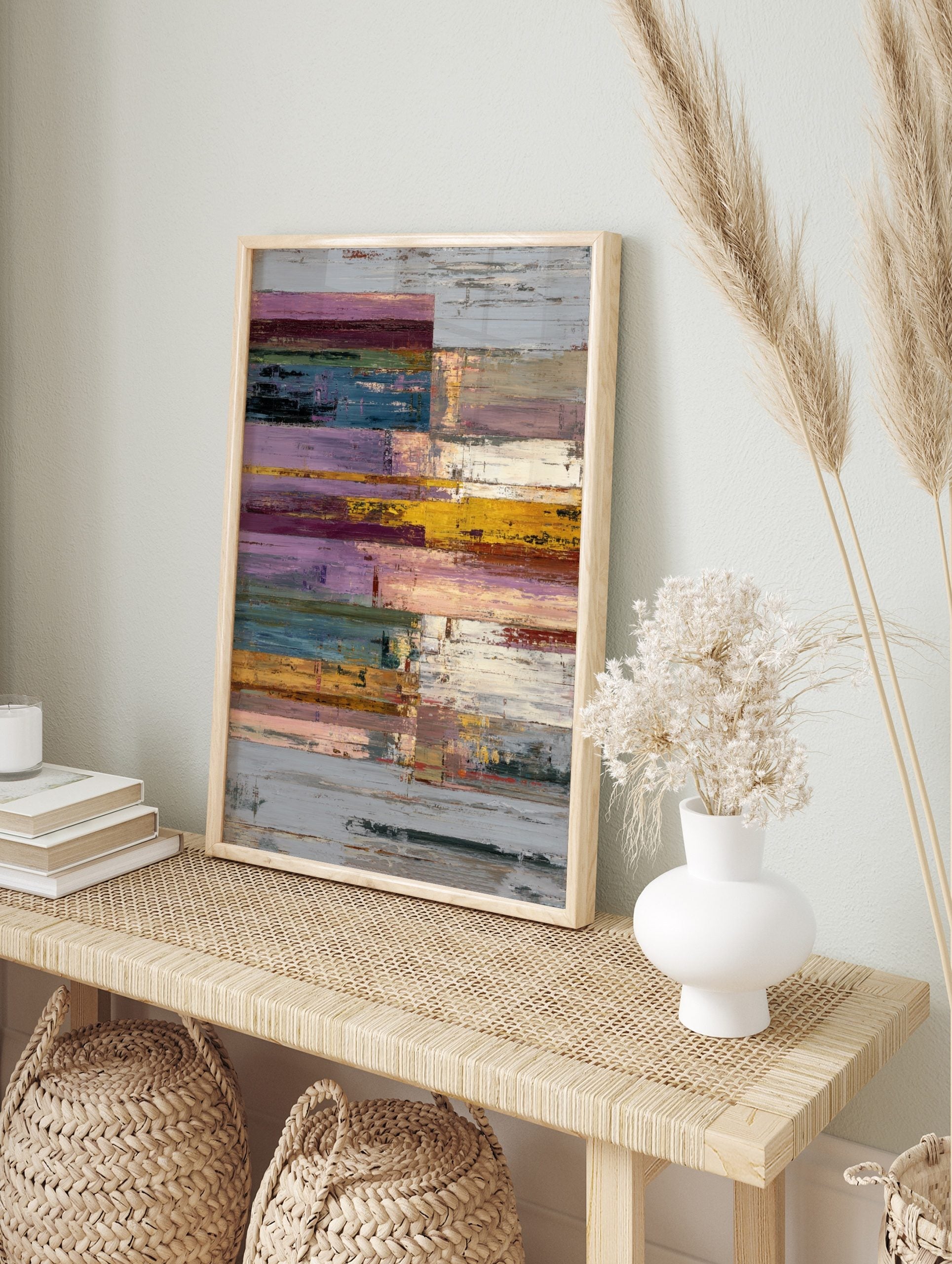 Textured abstract wall art print with horizontal blocks in purple, yellow, blue, green, and, in an alternate framed mockup