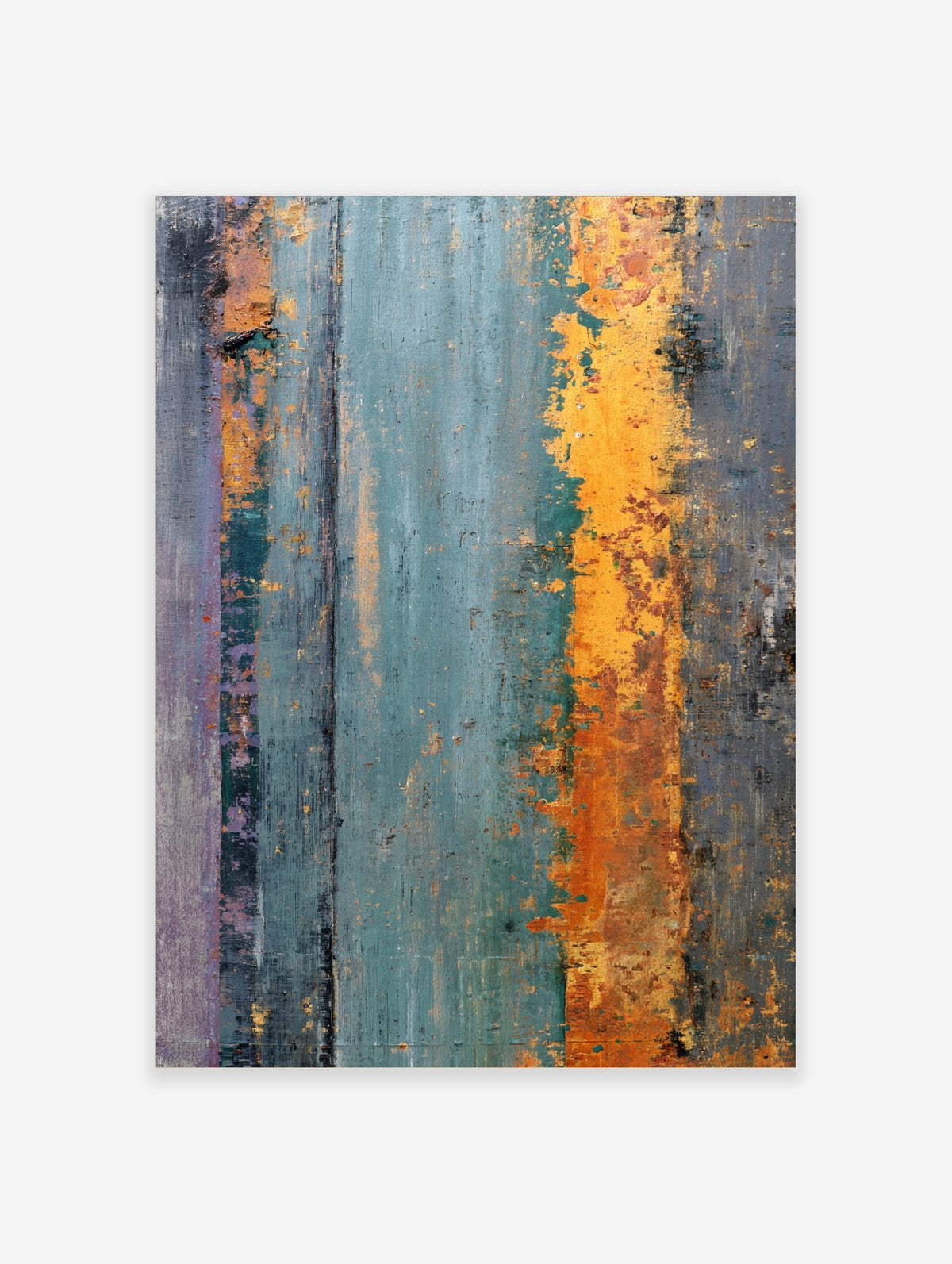 Abstract textured wall art with distressed vertical stripes in teal, orange, grey, and purple