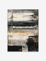 Abstract textured wall art with horizontal black, white, brown brushstrokes and dark vertical edges