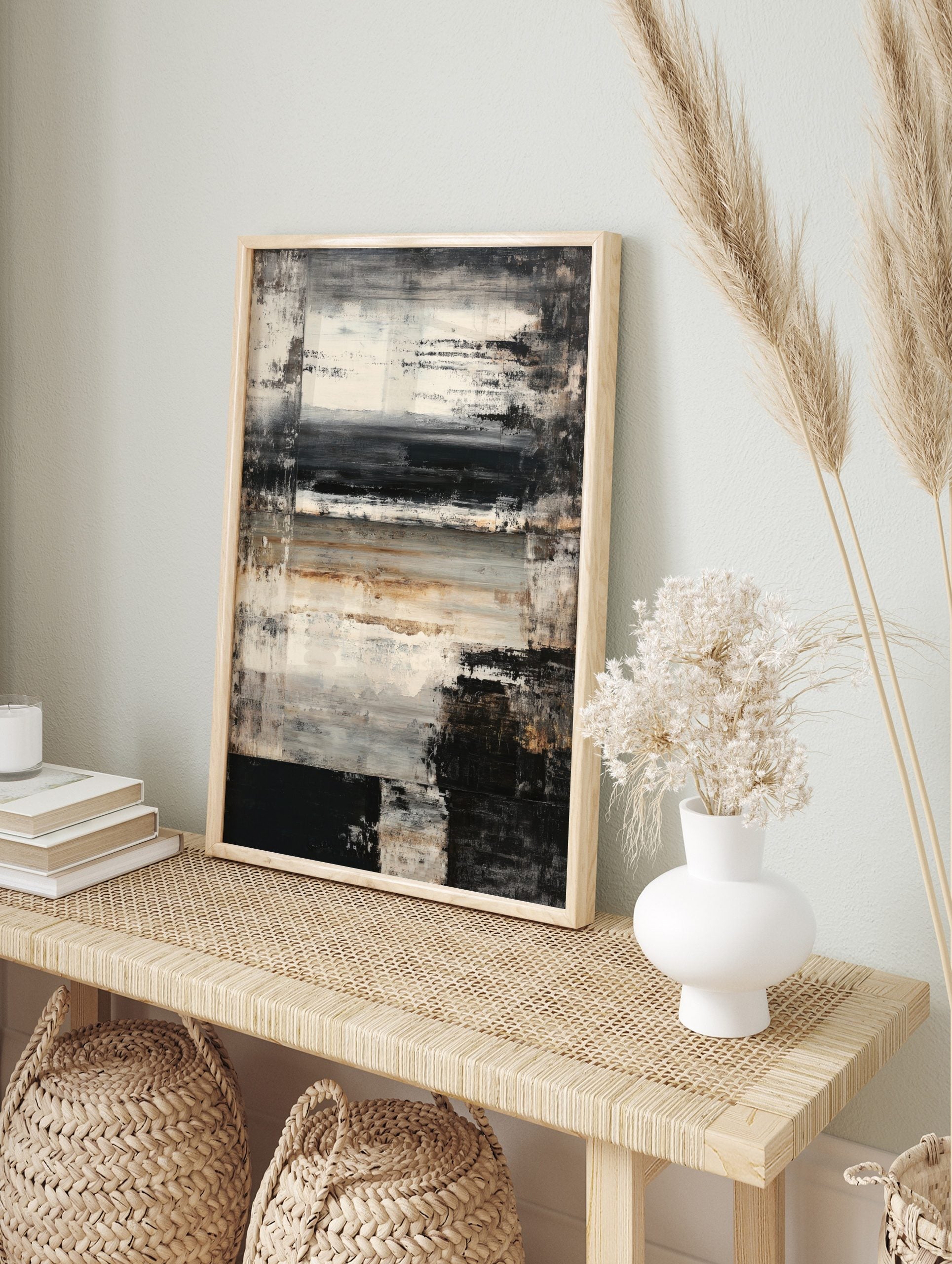 Abstract textured wall art with horizontal black, white, brown brushstrokes and dark vertical, in an alternate framed mockup